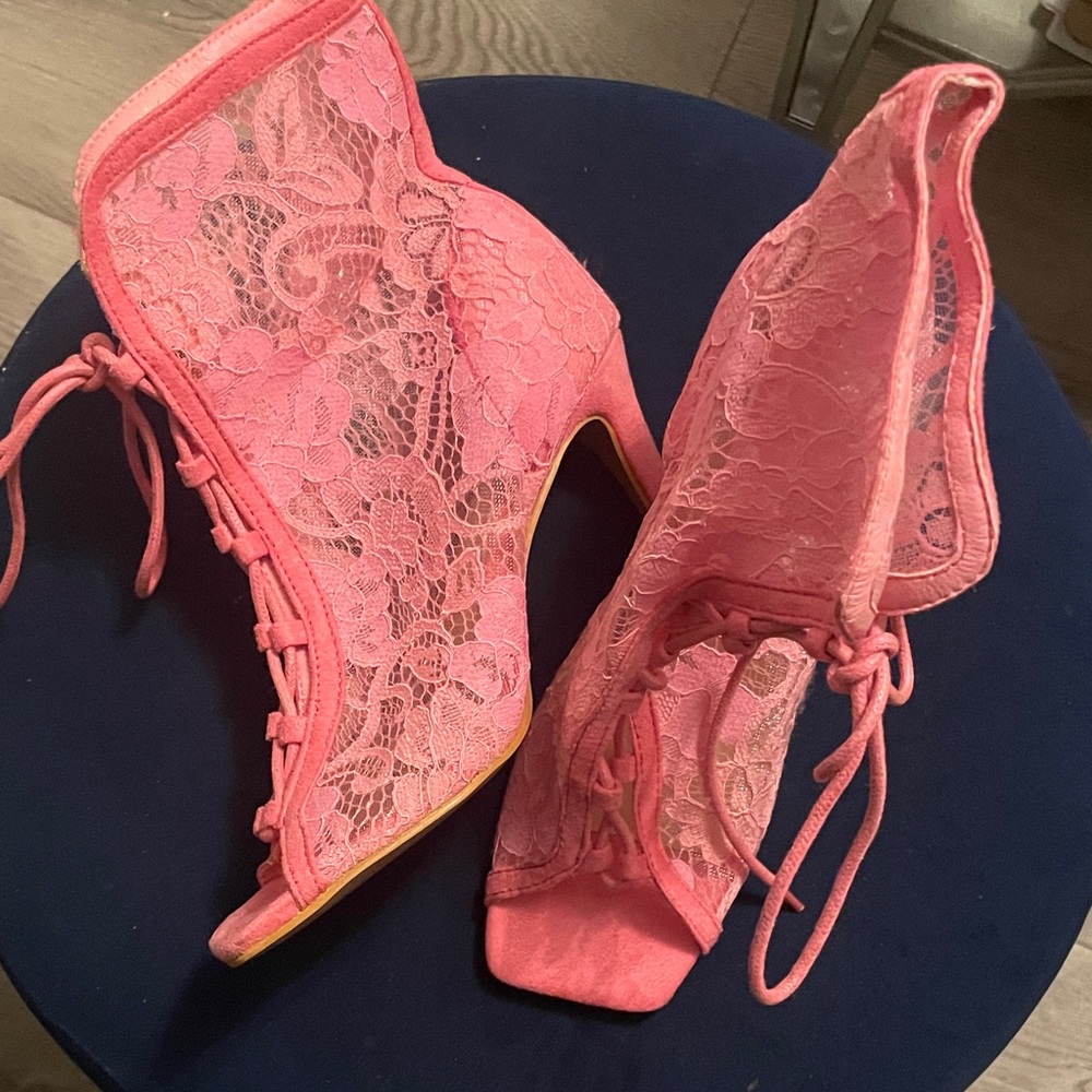 Lace-Up Pink Lace Peep-Toe Women's Heels Size (5.5, 6, 7.5, 8.5, 11)